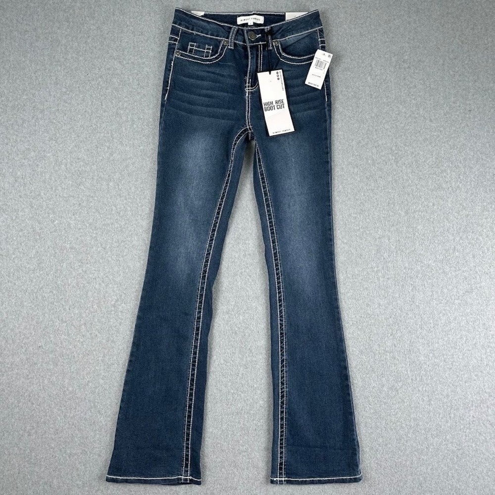 Almost Famous Womens High Rise Boot Cut Jeans Dark Wash Thick Stitch Size‎ 1 NEW